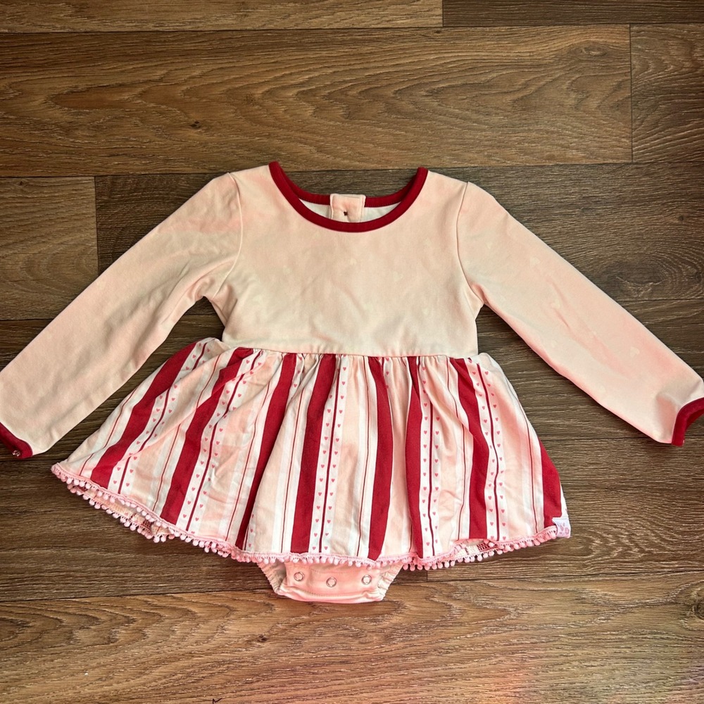Sweet Honey Girls Pink Red Striped Heart Pom Pom Trim Bodysuit Dress 2T